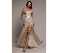 Goddiva Women's Off Shoulder Bardot Pleated Foil Maxi Dress in Gold | Size: 16