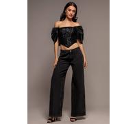 Goddiva Women's Off Shoulder Corset Top With Back Satin Bow in Black | Size: 10