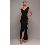 Goddiva Women's Off Shoulder Front Waterfall Frill Maxi Dress in Black | Size: 12