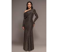 Goddiva Women's Off Shoulder Gathered Bardot Asymmetric Lurex Maxi Dress in Gold | Size: 8