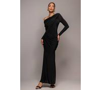 Goddiva Women's Off Shoulder Gathered Panel Soft Touch Maxi Dress in Black | Size: 12