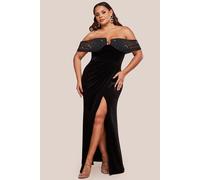 Goddiva Women's Off Shoulder Hotfix Diamante Wing Velvet Maxi Dress in Black | Size: 22 Goddiva Black 22