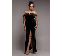 Goddiva Women's Off Shoulder Hotfix Diamante Wing Velvet Maxi Dress in Black | Size: 24