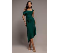 Goddiva Women's Off Shoulder Pleated Waist Asymmetric Midaxi Dress in Emerald | Size: 18 Goddiva Emerald 18