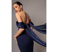 Goddiva Women's Off Shoulder Velvet Satin Wing Cape Maxi Dress in Navy | Size: 16