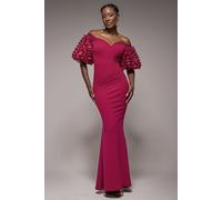 Goddiva Women's Off The Shoulder 3D Puffed Sleeve Sweetheart Maxi Dress in Burgundy | Size: 10 Goddiva Burgundy 10