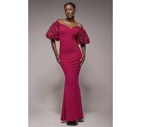 Goddiva Women's Off The Shoulder 3D Puffed Sleeve Sweetheart Maxi Dress in Burgundy | Size: 12