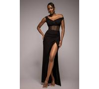 Goddiva Women's Off The Shoulder Corset Waist Mesh Wrap Skirt Soft Touch Maxi Dress in Black | Size: 8