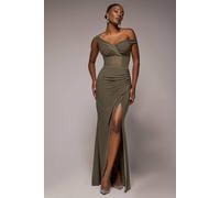 Goddiva Women's Off The Shoulder Corset Waist Mesh Wrap Skirt Soft Touch Maxi Dress in Khaki | Size: 10 Goddiva Khaki 10