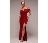 Goddiva Women's Off The Shoulder Front Split Velvet Maxi Dress in Red | Size: 16 Goddiva Red 16