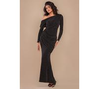 Goddiva Women's Off The Shoulder Gathered Panel Sparkle Lurex Maxi Dress in Black | Size: 14 Goddiva Black 14