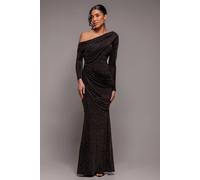 Goddiva Women's Off The Shoulder Gathered Panel Sparkle Lurex Maxi Dress in Black | Size: 8