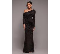 Goddiva Women's Off The Shoulder Gathered Panel Sparkle Lurex Maxi Dress in Black | Size: 8 Goddiva Black 8