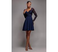 Goddiva Women's Off The Shoulder Lace Skater Mini Dress in Navy | Size: 8