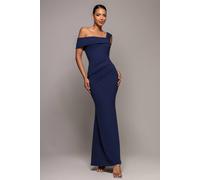 Goddiva Women's Off The Shoulder Pleated Waist Maxi Dress in Navy | Size: 14