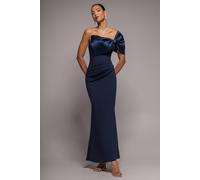 Goddiva Women's Off The Shoulder Satin Bow Neck Maxi Dress in Navy | Size: 18