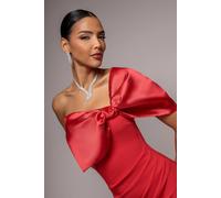 Goddiva Women's Off The Shoulder Satin Bow Neck Maxi Dress in Red | Size: 14
