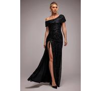 Goddiva Women's Off The Shoulder Sequin Cowl Drawstring Maxi Dress in Black | Size: 10