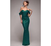 Goddiva Women's Off The Shoulder Sequin Wing Maxi Dress in Emerald | Size: 14