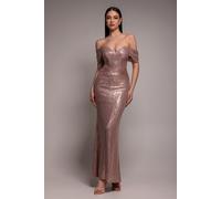 Goddiva Women's Off The Shoulder Sequin Wing Maxi Dress in Medium Beige | Size: 6 Goddiva Medium Beige 6