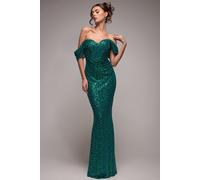 Goddiva Women's Off The Shoulder Sequin Wing Maxi in Emerald | Size: 10 Goddiva Emerald 10