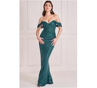 Goddiva Women's Off The Shoulder Sequin Wing Maxi in Emerald | Size: 16 Goddiva Emerald 16