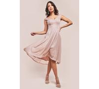 Goddiva Women's Off The Shoulder Sparkling High Low Dress in Nude | Size: 18