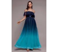 Goddiva Women's Ombre Chiffon Bardot Frill A line Maxi Dress in Navy | Size: 8