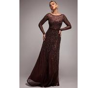 Goddiva Women's Ombre Sequin Beaded Flared Long Sleeve Maxi Dress in Brown | Size: 8 Goddiva Brown 8
