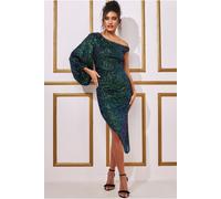 Goddiva Women's One Shoulder Asymmetric Midi Dress in Emerald | Size: 10 Goddiva Emerald 10