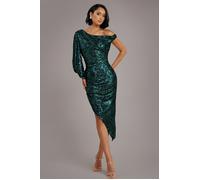 Goddiva Women's One Shoulder Asymmetric Midi Dress in Emerald | Size: 8 Goddiva Emerald 8