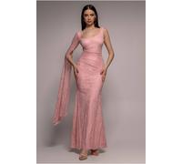 Goddiva Women's One Shoulder Cape Sleeve Pleated Lace Maxi Dress in Light Pink | Size: 12 Goddiva Light Pink 12