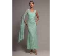 Goddiva Women's One Shoulder Cape Sleeve Pleated Lace Maxi Dress in Mint | Size: 18