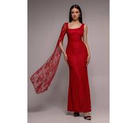 Goddiva Women's One Shoulder Cape Sleeve Pleated Lace Maxi Dress in Red | Size: 12