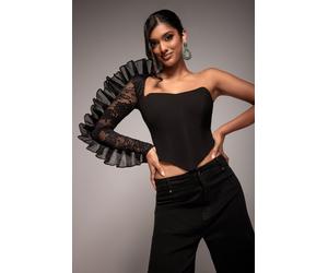 Goddiva Women's One Shoulder Fan Pleat Frill Corset Top in Black | Size: 12 Goddiva Black 12
