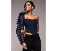 Goddiva Women's One Shoulder Fan Pleat Frill Corset Top in Navy | Size: 18