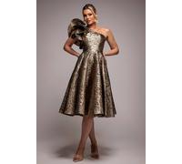 Goddiva Women's One Shoulder Frill Jacquard Skater Midi Dress in Bronze | Size: 10