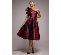 Goddiva Women's One Shoulder Frill Jacquard Skater Midi Dress in Burgundy | Size: 8