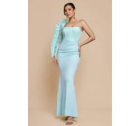 Goddiva Women's One Shoulder Organza Fan Detail Lace Bodice Maxi Dress in Mint | Size: 6