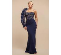 Goddiva Women's One Shoulder Organza Fan Detail Lace Bodice Maxi Dress in Navy | Size: 8