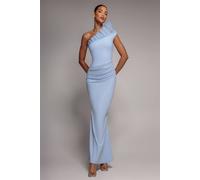 Goddiva Women's One Shoulder Organza Frill Pleated Mermaid Maxi Dress in Mid Blue | Size: 16