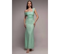 Goddiva Women's One Shoulder Pleated Bardot Lace Maxi Dress in Mint | Size: 10 Goddiva Mint 10