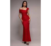Goddiva Women's One Shoulder Pleated Bardot Lace Maxi Dress in Red | Size: 18