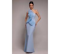 Goddiva Women's One Shoulder Pleated Fan Maxi Dress in Mid Blue | Size: 16