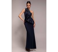 Goddiva Women's One Shoulder Pleated Fan Maxi Dress in Navy | Size: 16
