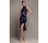 Goddiva Women's One Shoulder Pleated Fan Midi Dress in Navy | Size: 8