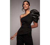 Goddiva Women's One Shoulder Puffed Satin Sleeve Asymmetric Scuba Top in Black | Size: 8