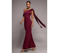Goddiva Women's One Shoulder Velvet Satin Bow Cape Maxi Dress in Burgundy | Size: 18