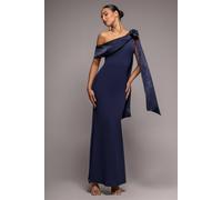Goddiva Women's One Shoulder Velvet Satin Bow Cape Maxi Dress in Navy | Size: 14 Goddiva Navy 14