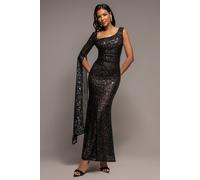 Goddiva Women's One Side Cape Sleeve Sequin Maxi Dress in Black | Size: 14 Goddiva Black 14